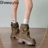 Vintage Platform Hoogteverhoging Dames Pijp Enkel Korte Laarzen Herfst Winter Dames Dikke Hak Ridderlaarzen botines para mujeres