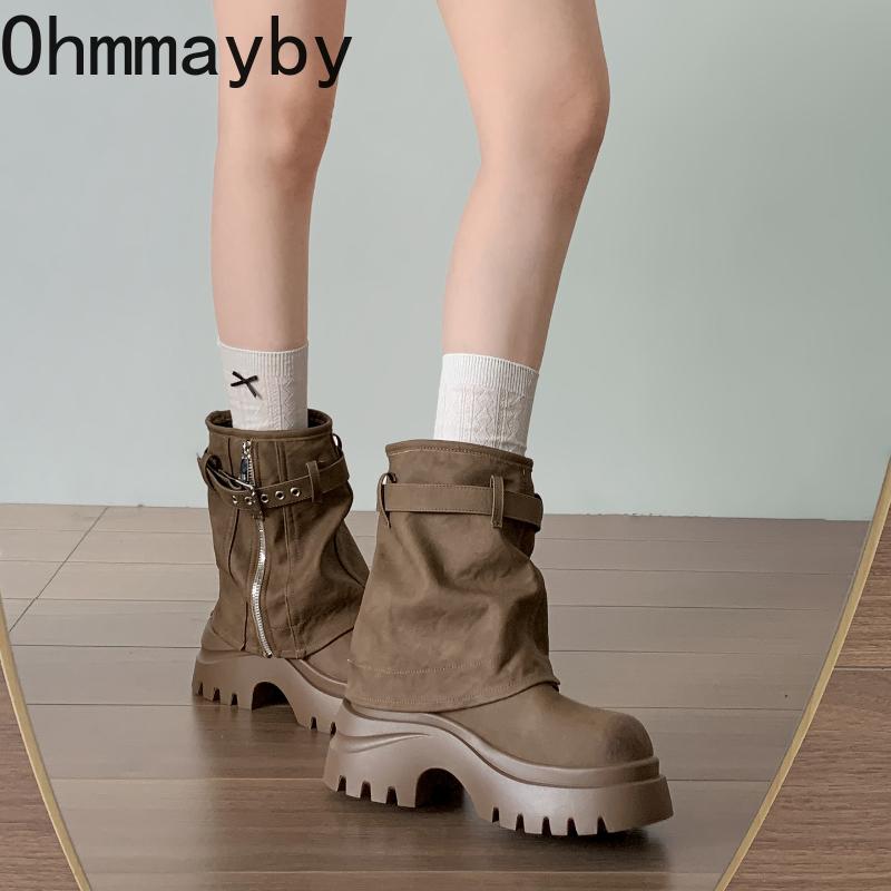 Vintage Platform Hoogteverhoging Dames Pijp Enkel Korte Laarzen Herfst Winter Dames Dikke Hak Ridderlaarzen botines para mujeres