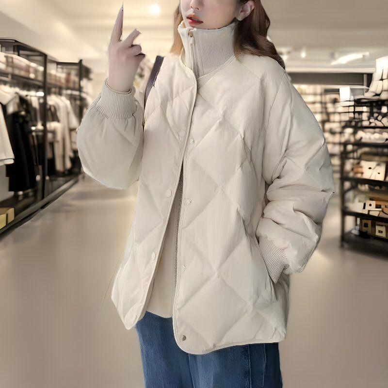 Women's Winter Lightweight Diamond Pattern Cotton Padded Jacket Korean Style Loose Outerwear Fleece-Lined Thickened
