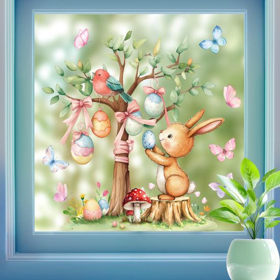 Easter Bunny Window Sticker Waterproof PVC Self-adhesive Home Office Living Room Colorful Egg Tree Rabbit Wall Art Decoration Decal