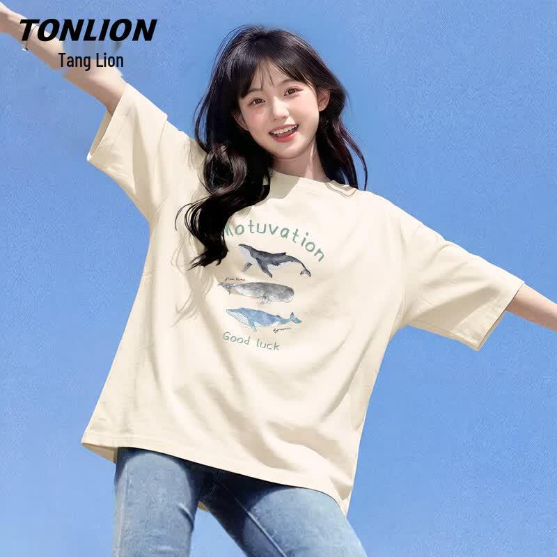 Хлопковая футболка TonLion с акварельным принтом кита для женщин S