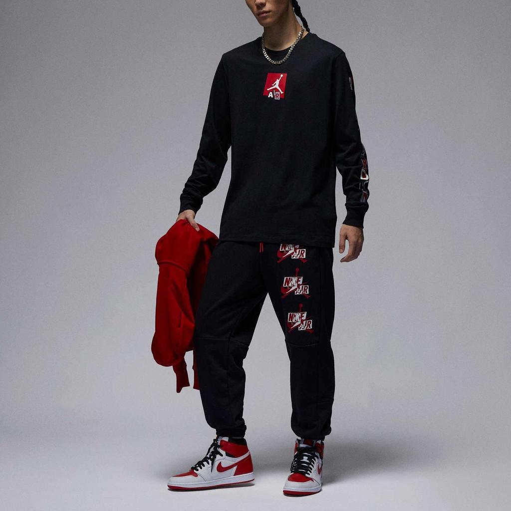 Jordan Potištěné sportovní ležérní tričko s dlouhým rukávem a kulatým výstřihem Pánské topy Černá FD7018-010