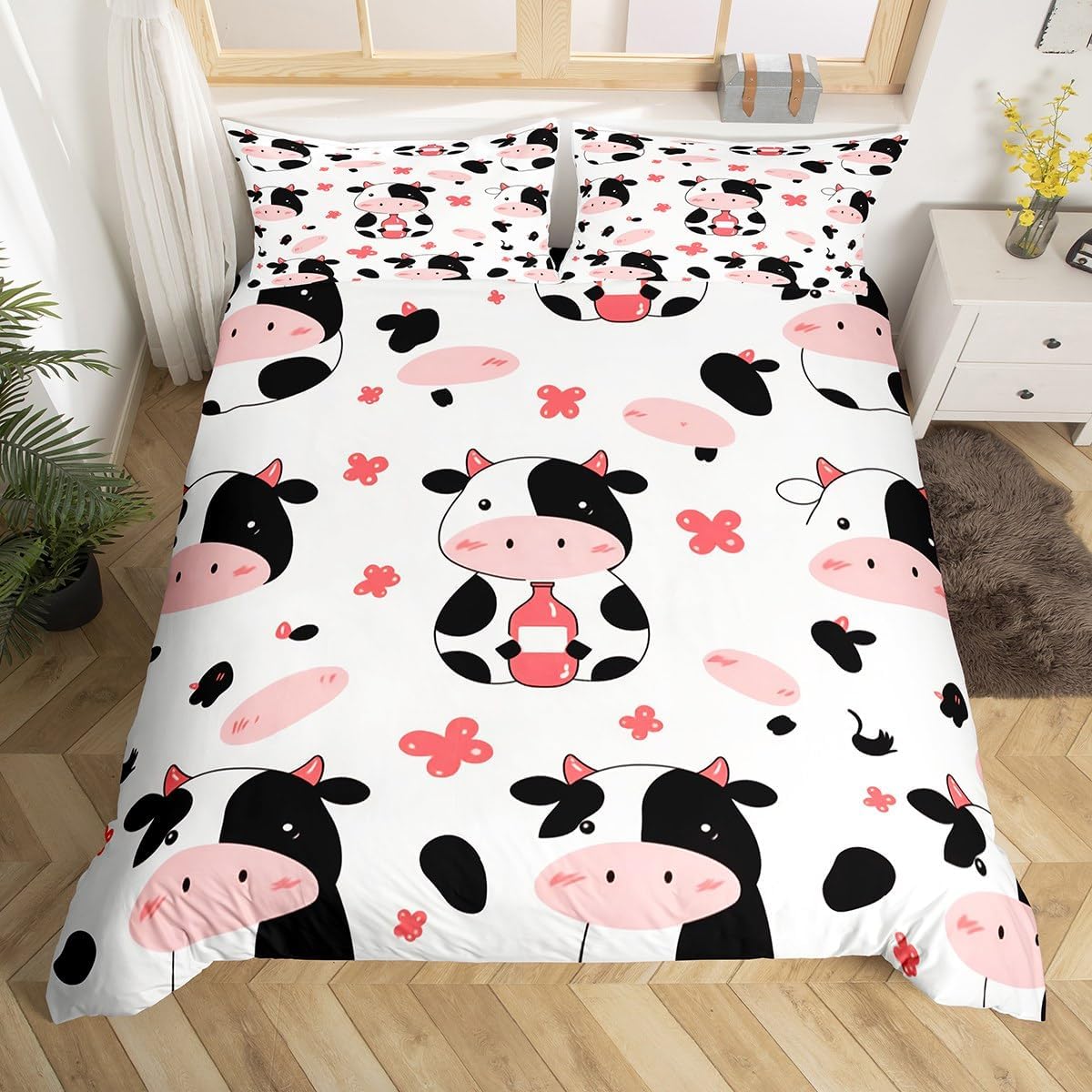 

Мультяшная корова Постельное белье Пододеяльник Твин Кинг Сельскохозяйственное животное Декорация комнаты на День Святого Валентина Микрофибра Комплект постельного белья AU Single(140x210cm)