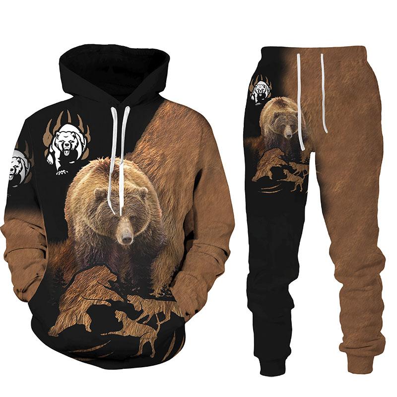 Herren Hoodie Sets Jagd Bär Bogenschütze Tarnung 3D-Druck Hoodies Trainingsanzug Jogginghose 2-teilige Sets Kleidung Übergroß