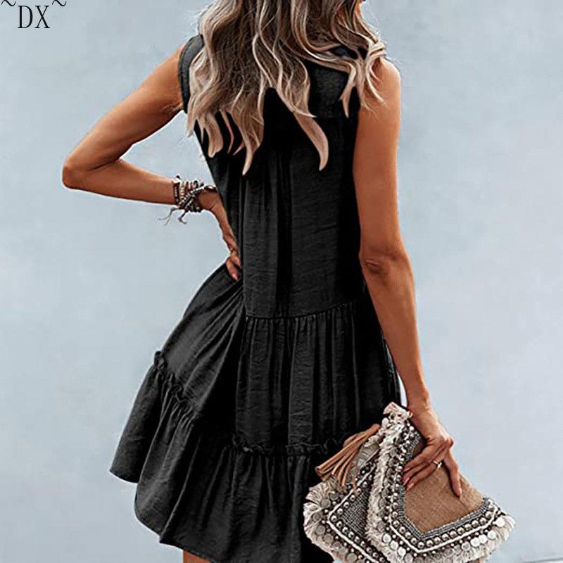 DX~~2023 Summer Europe and America V-neck Sexy Solid Color Dress Irregular Splice Sleeveless Commuter Big Swing Dress Women