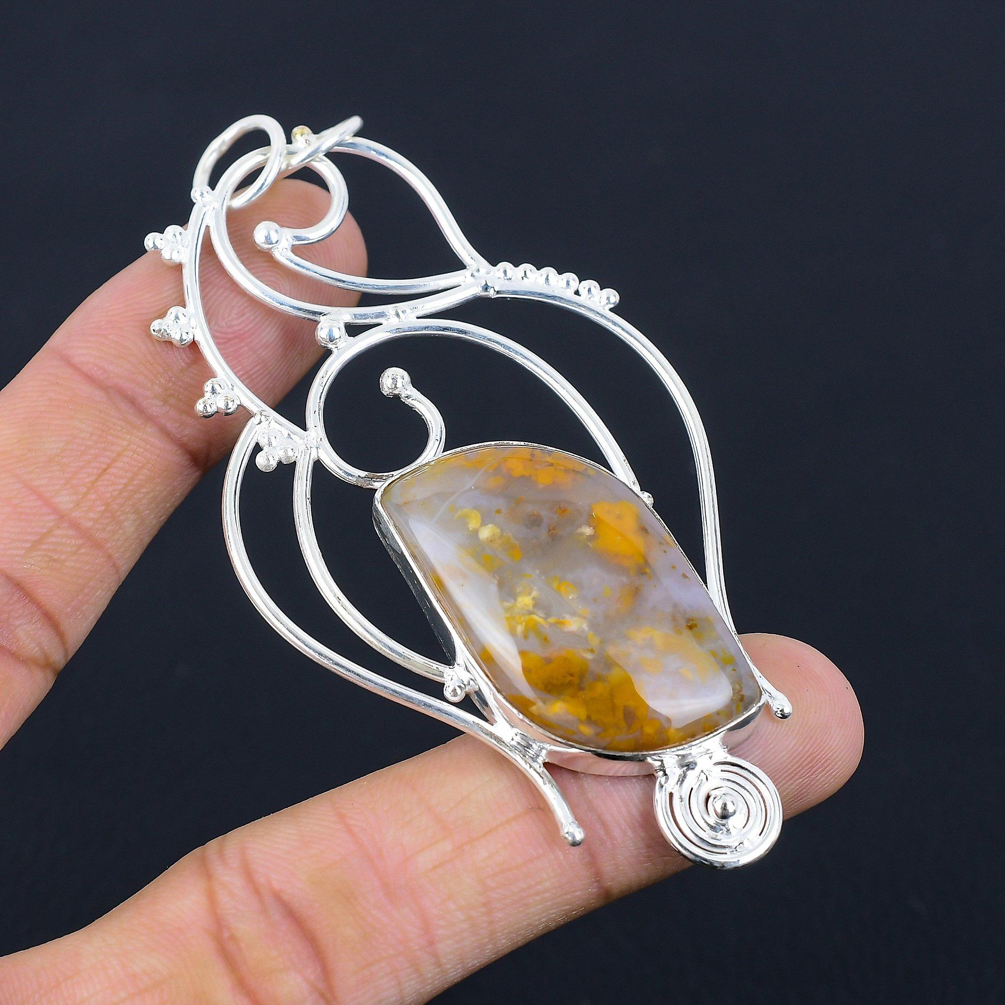 Halloween Sale Natural Plume Agate Trendy Bezel Wedding Pendant Sterling Silver