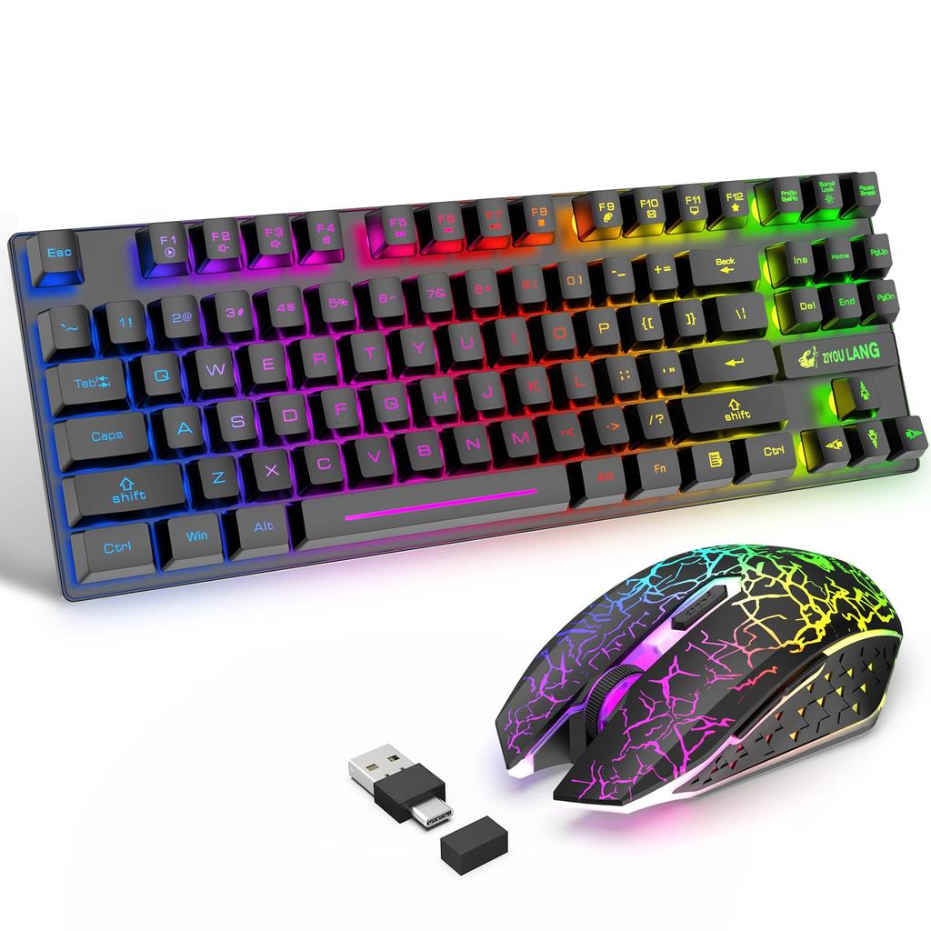 MAMBASNAKE x ZIYOU LANG T87 Drahtlose Tastatur und Maus Drahtlose Tastatur mit und Regenbogen 87 Englisch Leise LED Atmend Ergonomisch Drahtlos Membran
