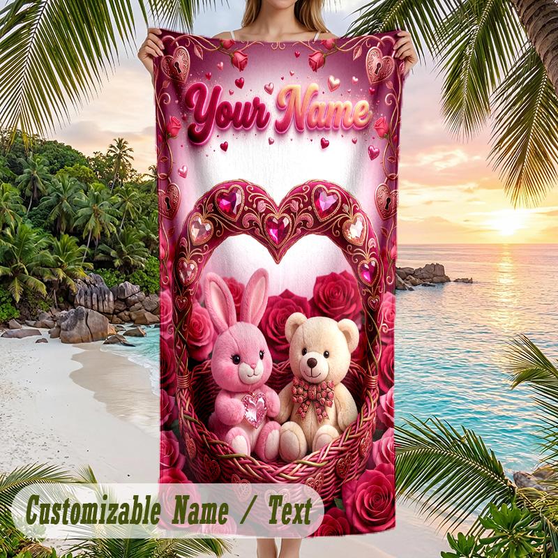 Valentine Love Theme Beach Towel Personalized Custom Name & Text Soft Quick Dry Beach Towel for Swimming Travel