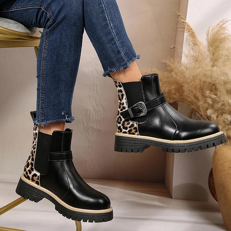 Fashion Buckle Platform Chelsea Boots Women Slip on Pu Leather Leopard Print Ankle Boots Woman Plus Size 36-43 Thick Sole Botas