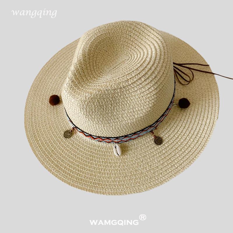 2025 New Fashion Bohemia Style Vacation Straw Hat Women Beach Grassland Travel Retro Cowboy Sun Hat Women's Wide Brim Panama