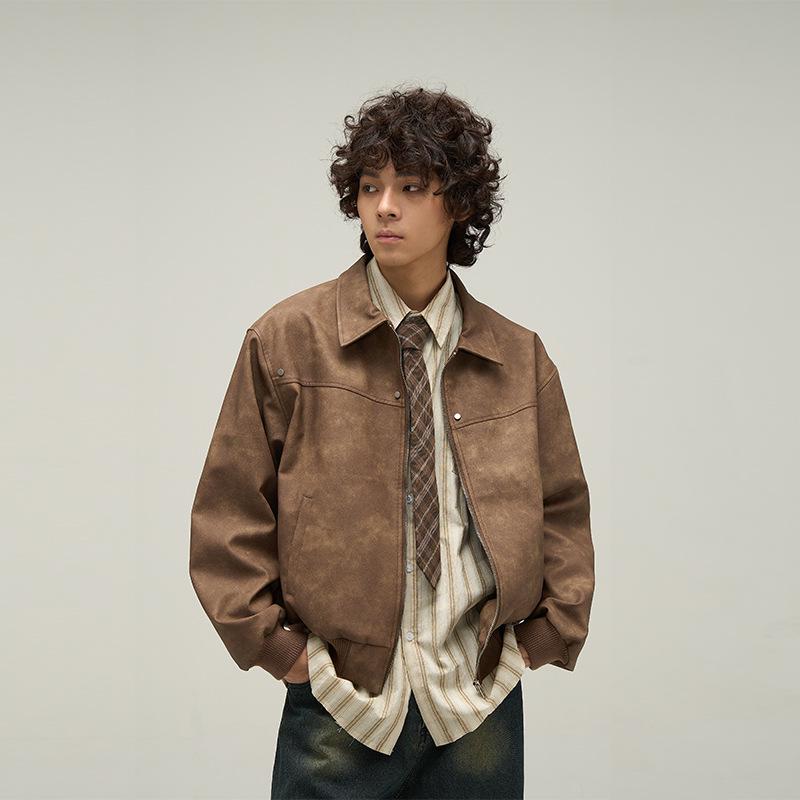 

2023 Винтажная коричневая потертая кожаная куртка для мужчин - трендовая мода весна и осень M