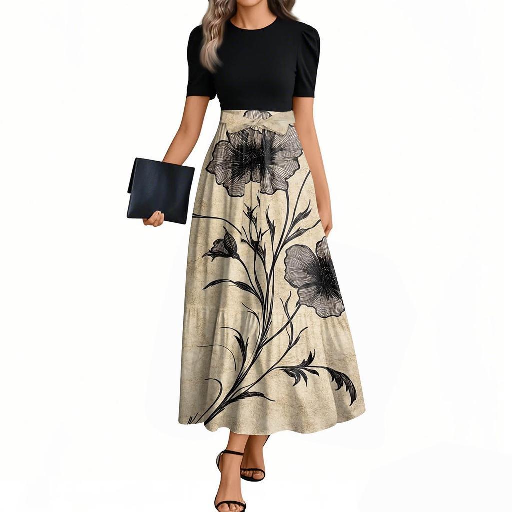 Women's Floral Print High Waist Fashionable And Elegant Dress