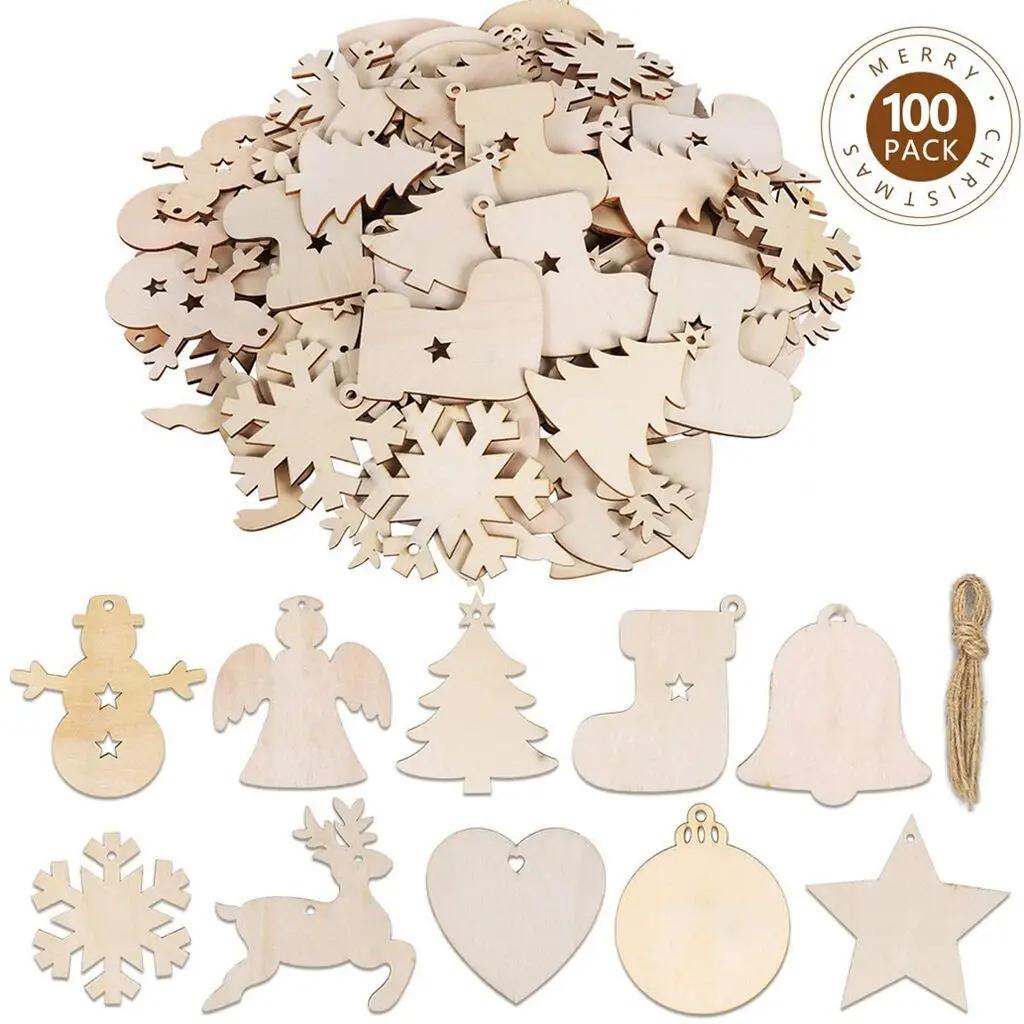 10pcs DIY Wooden Christmas Balls Decoration Round Craft Baubles Tags Hanging Ornament for Christmas New Year Pendant Decor