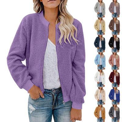 Women's Fashionable Warm Shearling Jacket With Zip-Up Solid Colour Outerwear