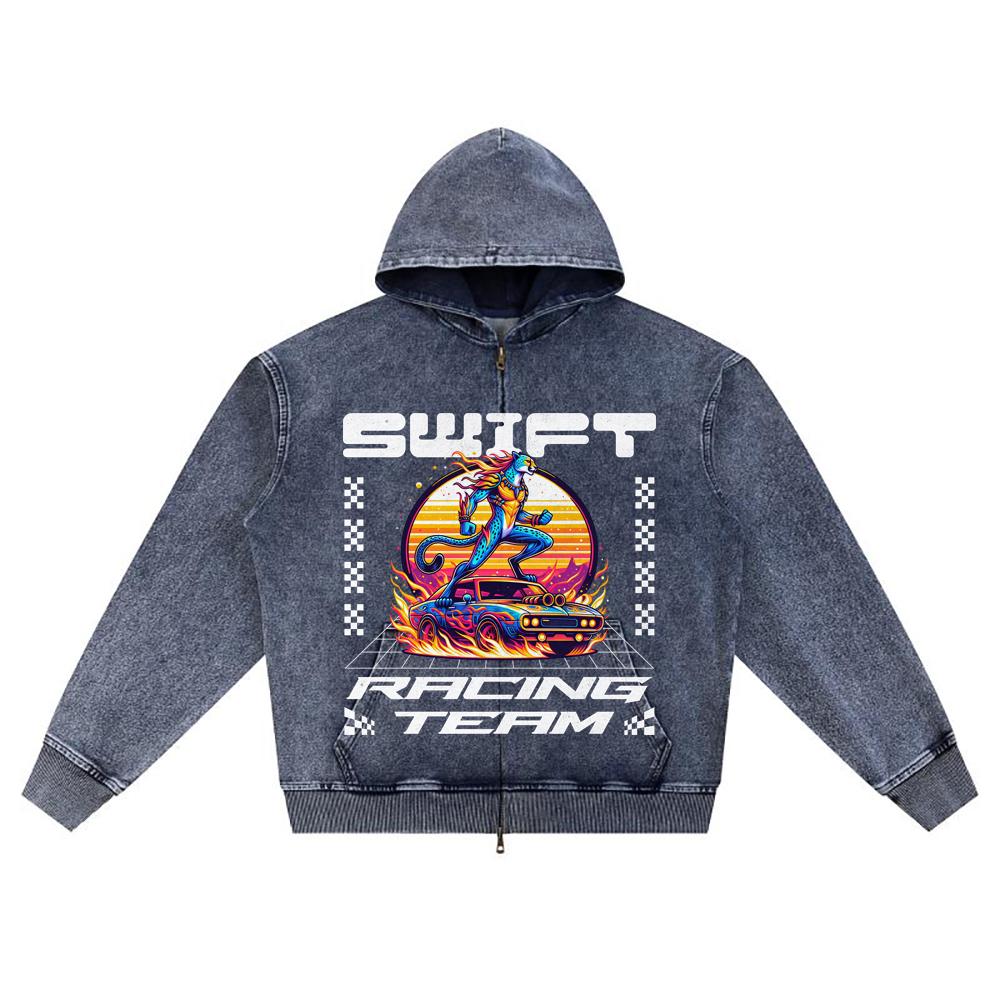 

DTG print Knitted Denim Zip-Up Hoodie Swift Racing Team Brother Print Zipper Hoodies XL темно-синий