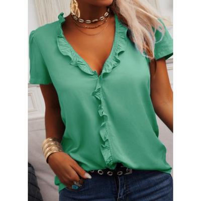 Damen Frühling und Sommer Einfarbig Rüschen Bluse Top Kurzarm Shirt