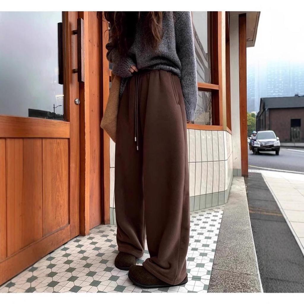 700g Lambswool Heavyweight Fleece Brushed Women's High-Waist Wide-Leg Warm Trousers