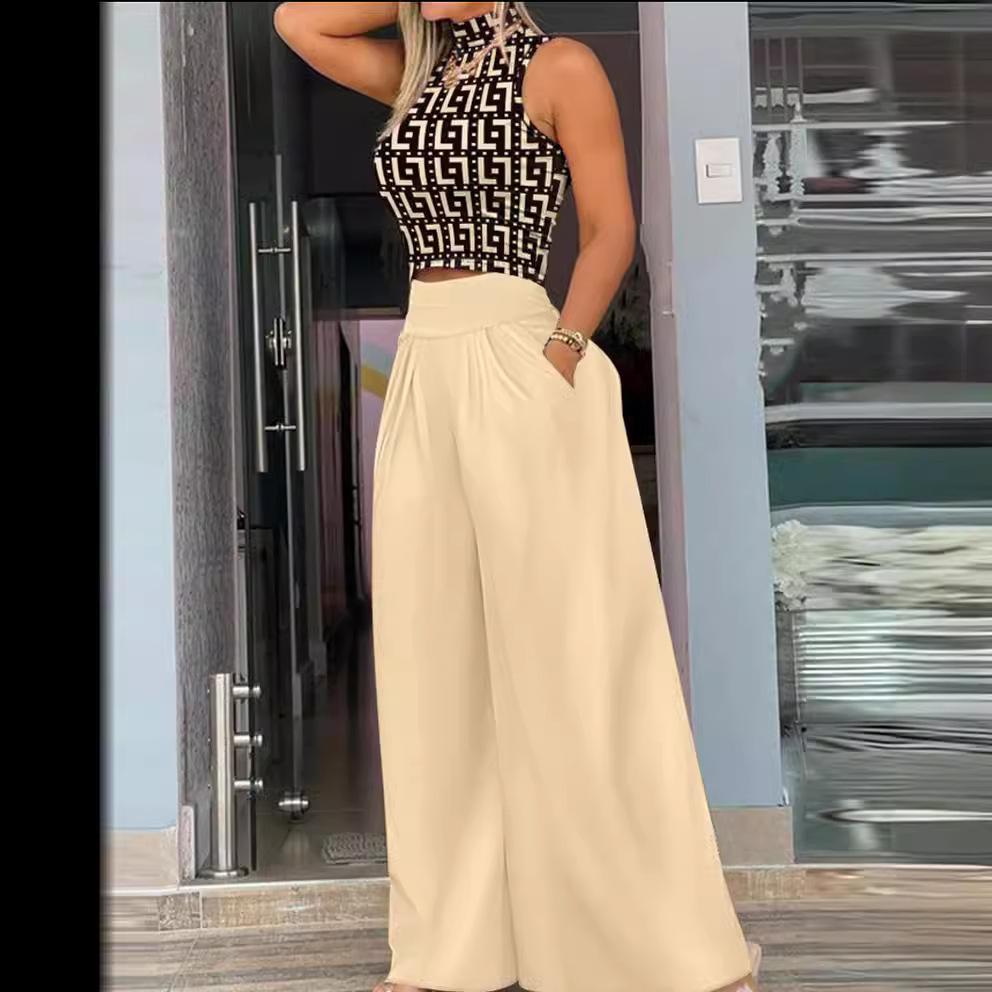 Summer Clothes Women Print Two-piece Set Smooth Sleeveless T-shirt, Wide Leg Pants Fashion Clothing
