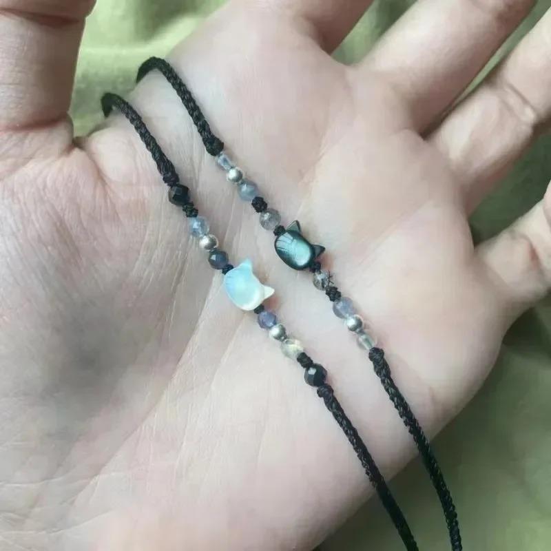 Real Natural Moonstone Obsidian Bracelets Couple Minimalist Bracelet Handmade Cute Black White Cat Bracelet Party Jewelry Gifts