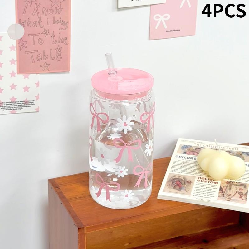 Cute Bow Glass Water Cup with Straw, Cartoon Stripe Design, Ideal for Fruit Tea & Lemonade, Perfect Gift for Girls