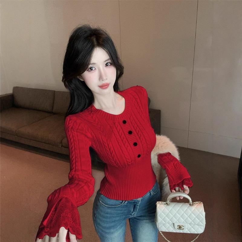 Autumn Winter Round Neck Vintage Slim Waist Sweater Women Casual Fashion All-match Pullover Knitting Top