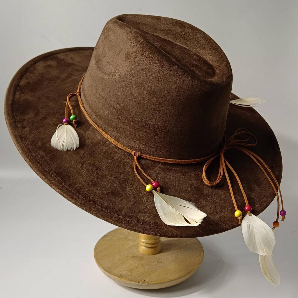 2026Bohemian style suede hat, brim 9.5 cm fedora with feather accessories, classic church hat, wide brim hat, women's hat