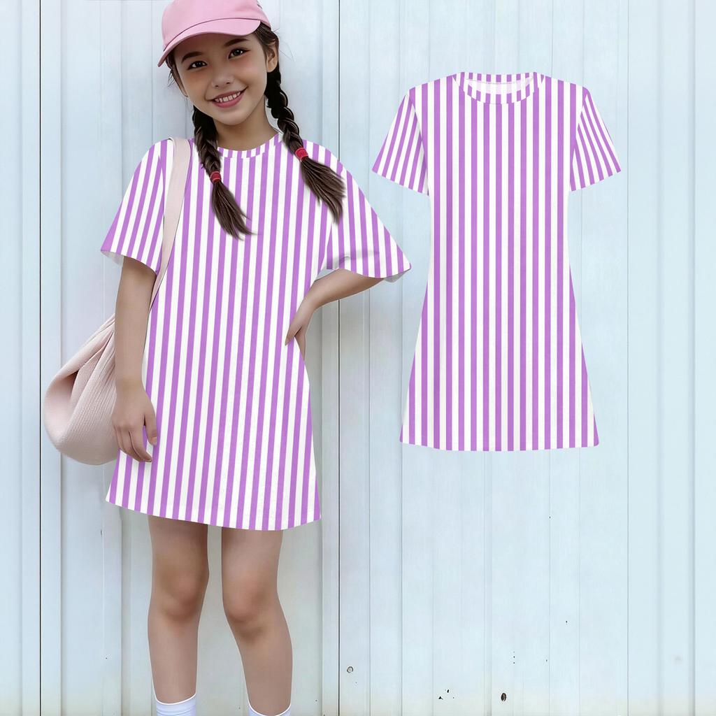 Girls Loose Fit Short Sleeve Dress Lightweight Casual Round Neck Striped Printed Dress for Kids Comfortable Summer Wear