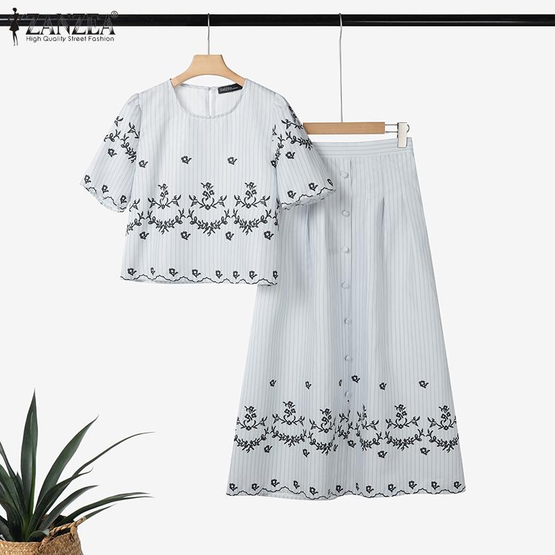ZANZEA Women Short Sleeve Blouse and Skirts Summer Two Piece Suit Sets
