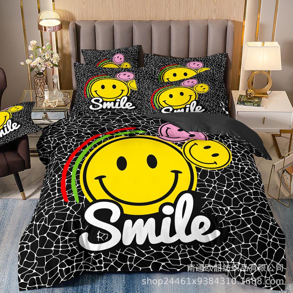 Heiß verkaufte 3D Digitaldruck Hip-Hop Graffiti Smiley Gesicht Bettwäsche Kissenbezug Bettbezug Dreiteiliges Set