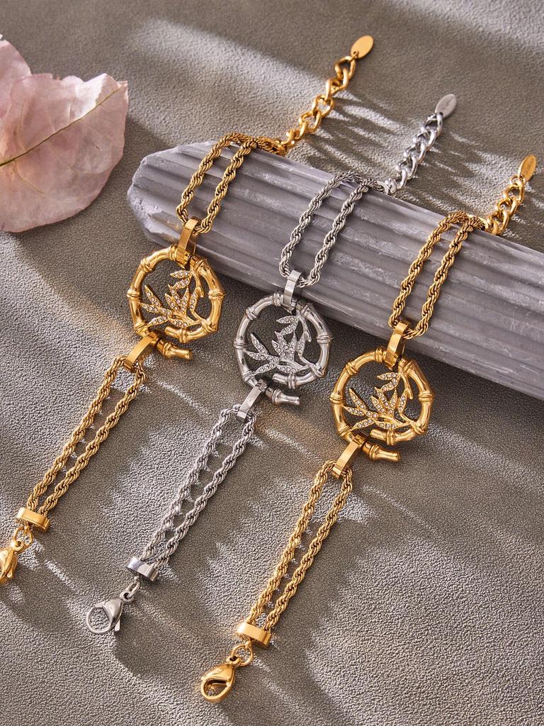 Elegant Bamboo & Diamond Pendant Necklace Bracelet with Freshwater Pearls On a Luxurious Braided Chain