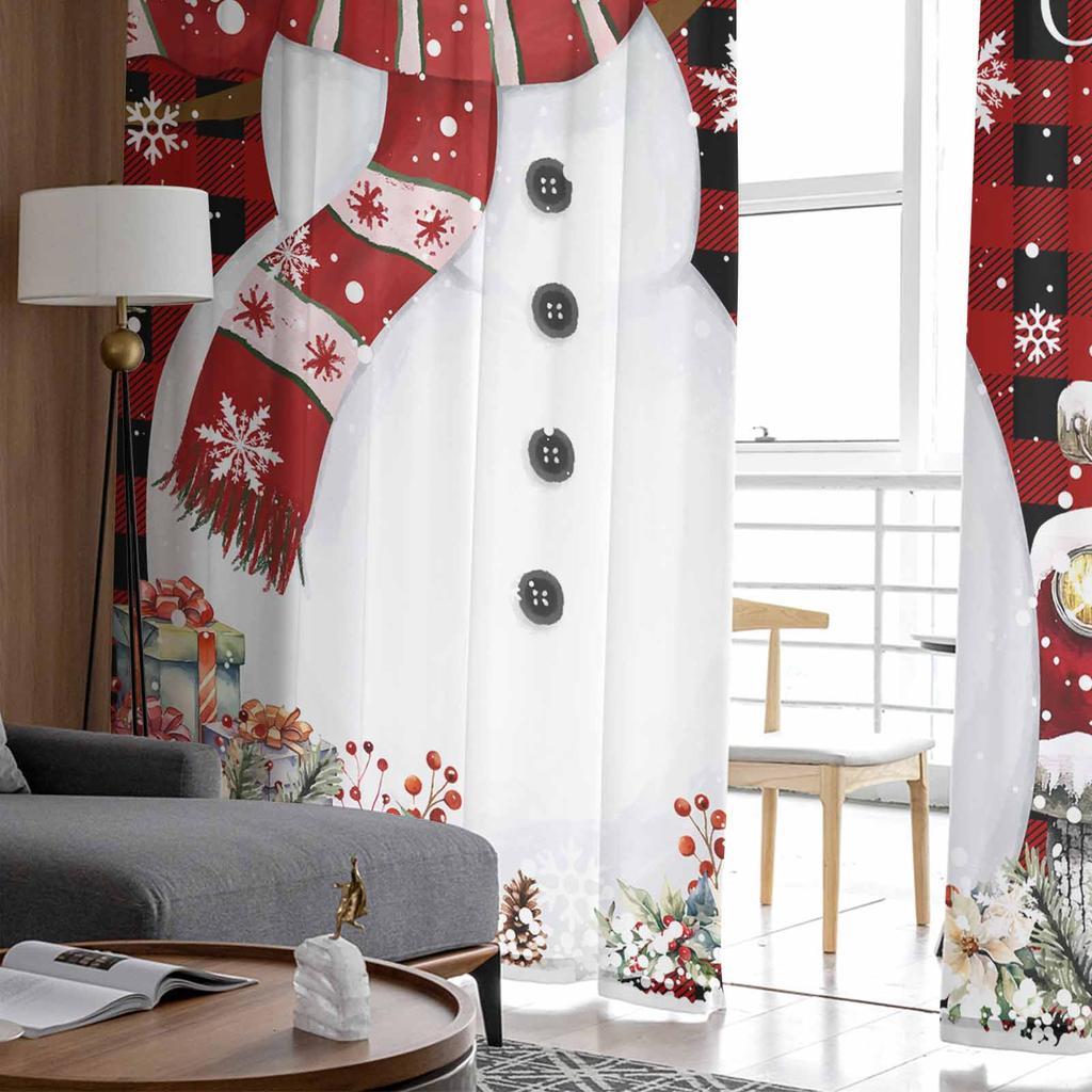 Christmas And Winter Snowman Poinsettia Curtains For Living Room Bedroom Home Decoration Window Voile Tulle Curtain Drapes