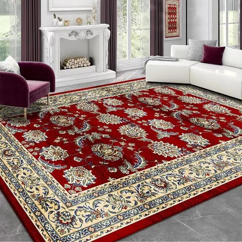 Persian Style Red Carpet for Living Room Washable Luxury American Hairless Table Area Rug for Bedroom Home Anti-slip Floor Mat