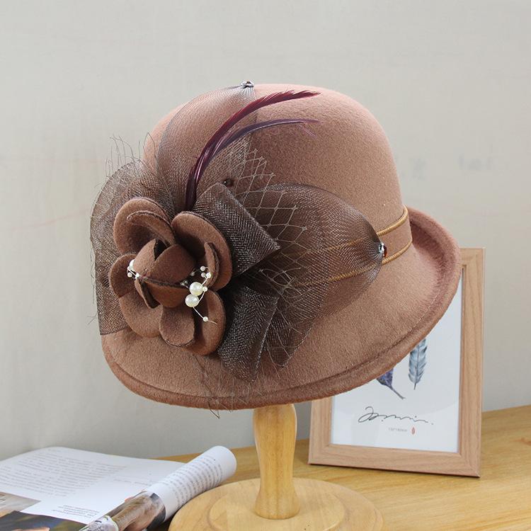 Autumn And Winter Half Roll Top Hat Lady Elegant Pearl Flower Pot Hat Outdoor Fashion Versatile Woolen Bucket Hat