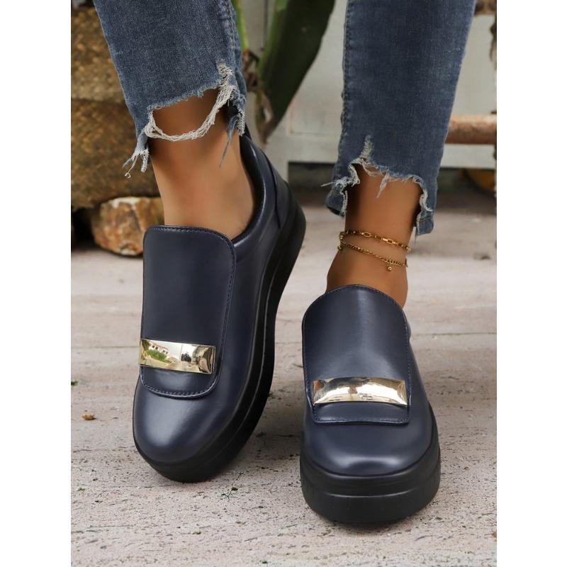 New Autumn European American Style Women's Thick Soled Solid Color Metal Flat Casual Shoes
