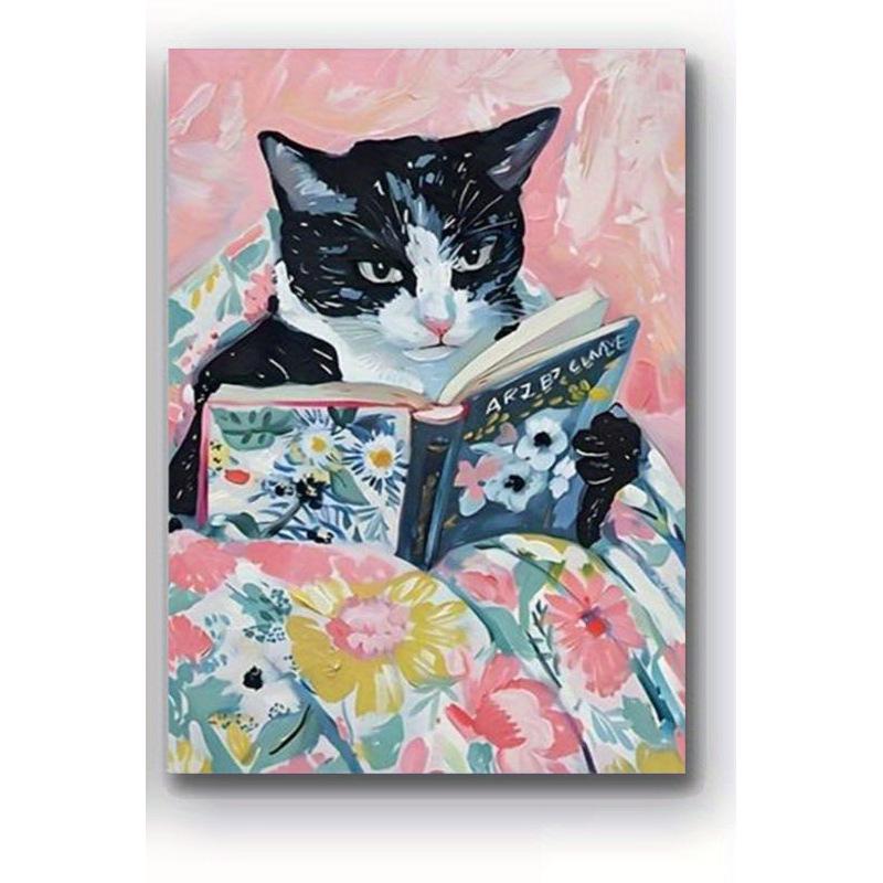 Funny Tabby Cat Reading Books Art Poster Vintage Cute Animals Wall Canvas Painting Book Lover Pet Gift Decoration Pictures Print