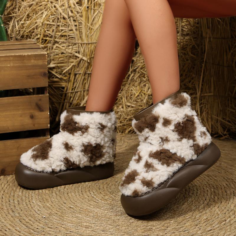 Warm Short Plush Cute Thick Bottom Snow Boots Women 2025 Winter Mix Color Leopard Platform Ankle Boots Brand Fluffy Fur Shoes