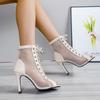 Slim Heel Hollow Cool Boots Women's Lace-up Jazz Pole Dance Shoes Breathable Mesh Fish Mouth Sandals