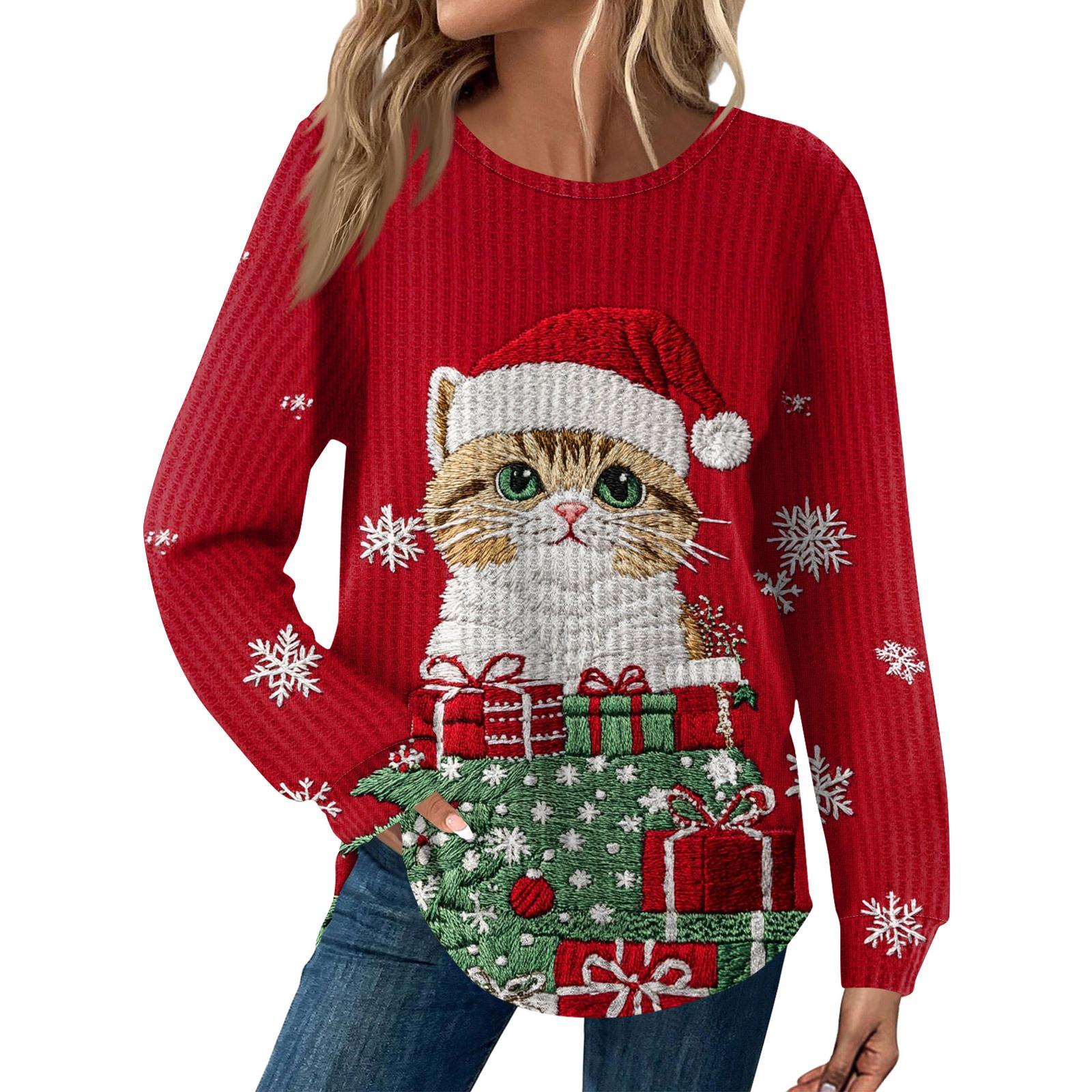 

Женская мода Рождественский свободный топ с длинным рукавом и круглым вырезом M