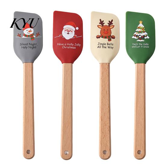 Cookie Dough Mixing Tool Silicone Spatula with Wooden Handle, Christmas Tree/Snowman/Santa Claus/Elk Pattern Themed Kitchenware Decor, Heat Resistant