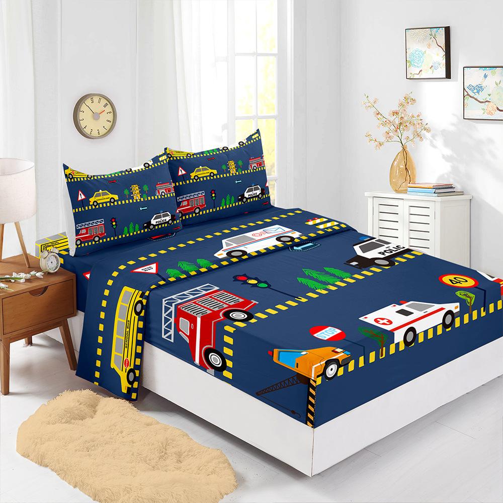 Four-Piece Mattress Racing Game Construction Car 3D Digital Printing Set Mattress Protective Cover