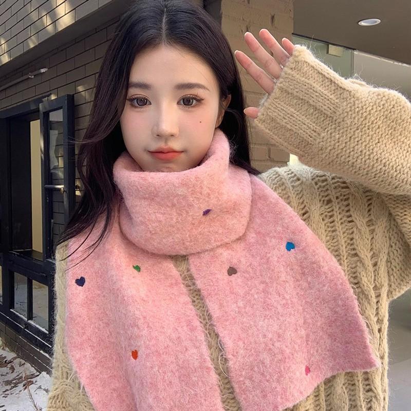 Warm Wool Fleece Scarf With Heart Embroidery Cross Neck Design Lightweight Cozy Winter Accessory Women