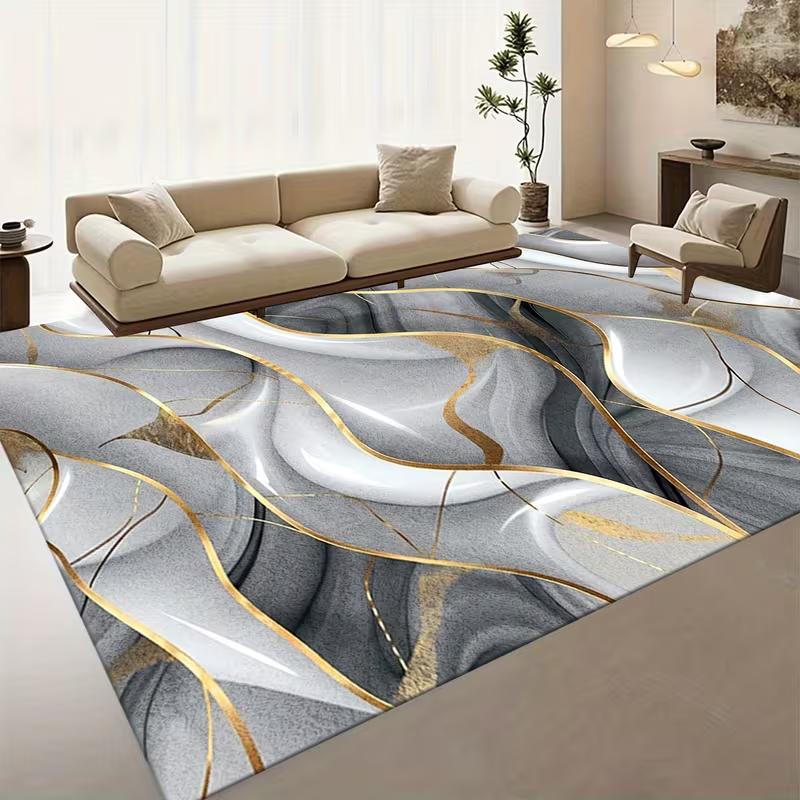 Luxury Grey Gold Rose Abstract Area Rug Elegant Flower Line Print Soft Floor Mat Modern Living Room Bedroom Carpet
