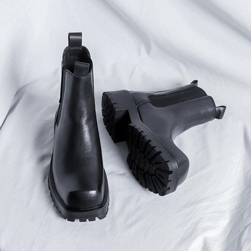 Martin boots mid-top British style youth hairstylist high-top leather boots thick-soled square head zipper Chelsea boots