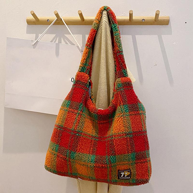 

Женская ретро милая пушистая сумка из овечьей шерсти, плюшевая сумка через плечо, рабочая сумка-тоут для покупок, работы, повседневного использования 40x9x44cm оранжевый