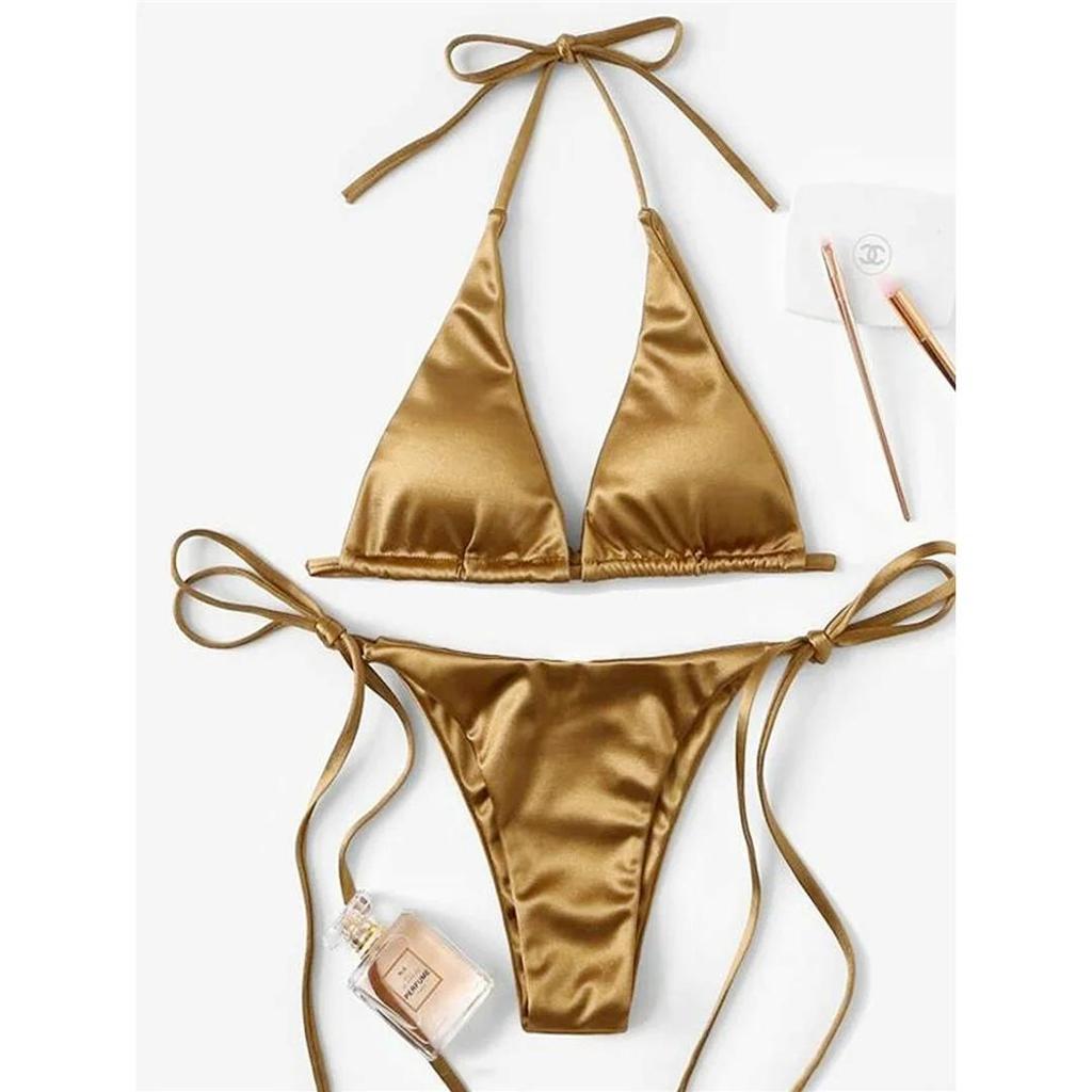 Sexy 13 Colors Halter Satin Brazilian Bikini Women Swimwear Female Swimsuit Two-pieces Bikini set Bather Bathing Suit Swim