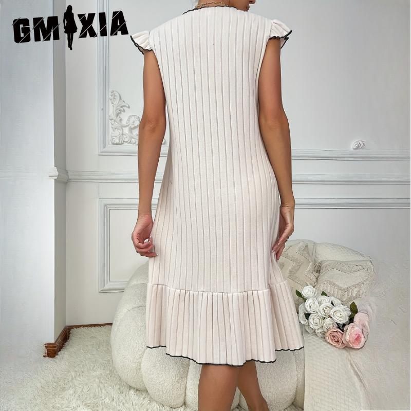 GMXIA Spring and Summer Women's Dress Nightgown Ruffle Hem Milled Pit Stripe Home Home Pajamas
