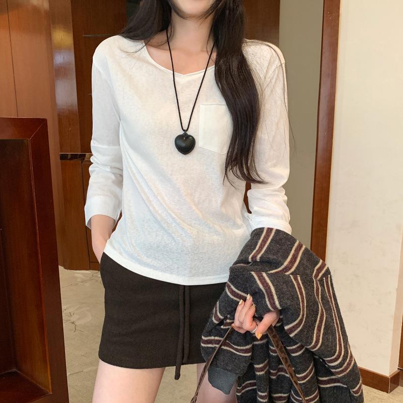 Korean High-End V-Neck Loose Long-Sleeve Women's T-Shirt, Autumn/Winter 2025