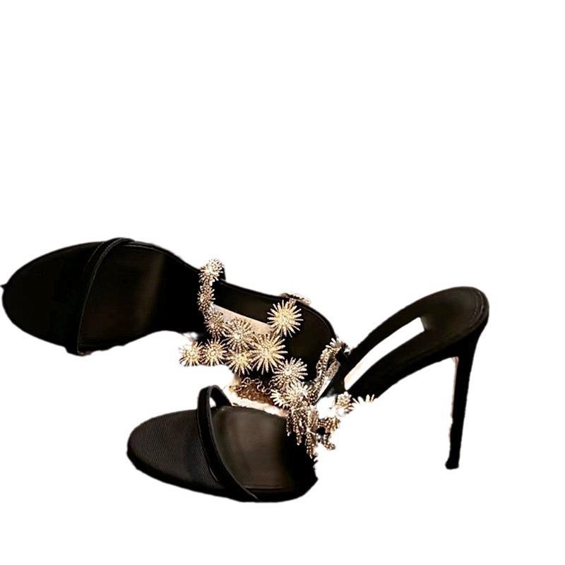 Neue Zehenfreie Strasskette Temperament Ein-Wort-Schnalle Sandalen Damen Sexy Society-Lady Schwarz Hohe Absätze