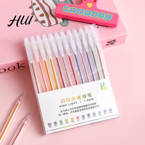 Art Gel Pen Set Highlighter Transparent Body Multicolored Painting with Glitter Sparkling Effect Smooth Metal Tip Ink for Note Marking Coloring