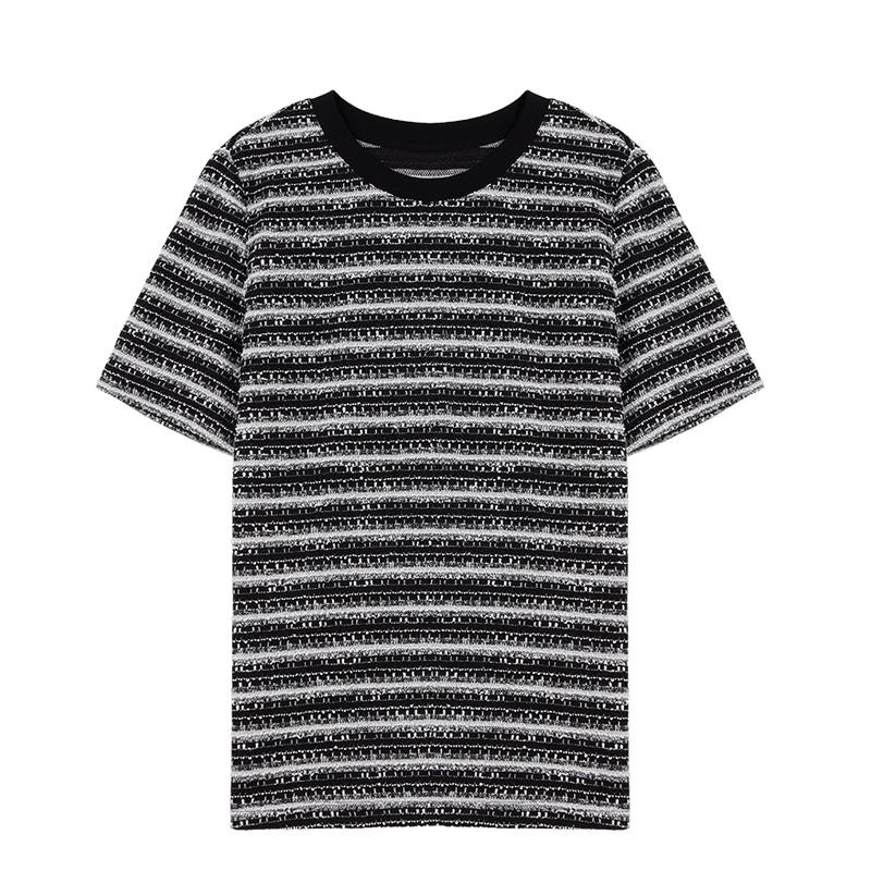 Qiushui Yiren Women s Elegant Textured Striped Short Sleeve T-shirt L